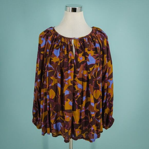 Roberta Roller Rabbit Size Medium M Floral Leaf Print Keyhole Pleated Top Blouse - Picture 1 of 7